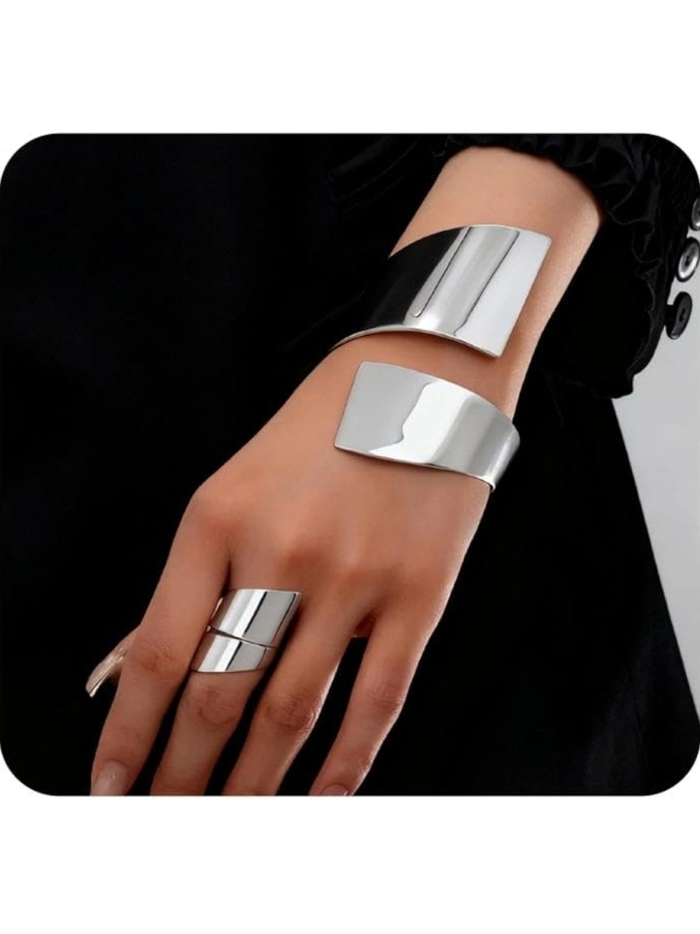 Modern Silver Cuff Bracelet and Ring Set - Women Accessories